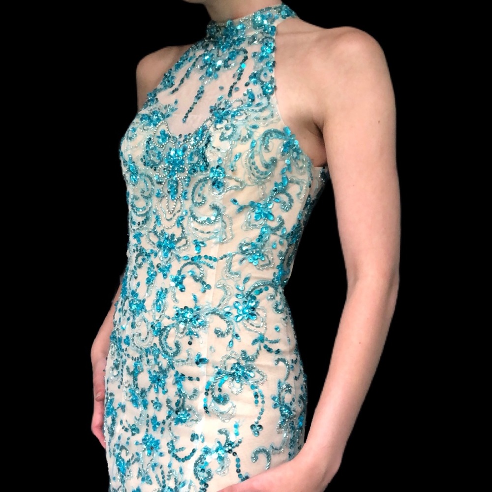 Nude Cocktail Dress with Blue Beading